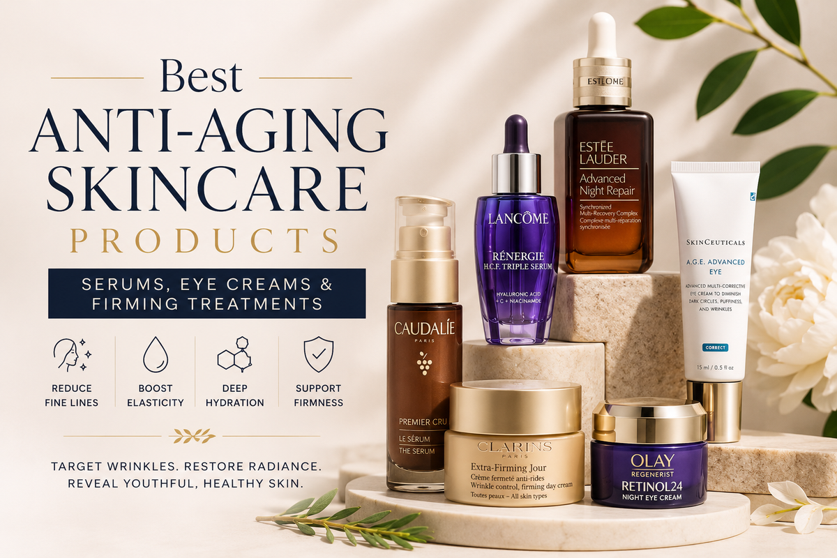 Anti-aging skincare products with serums, eye creams and firming treatments
