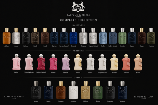 Parfums de Marly complete fragrance collection featuring luxury niche perfume bottles on a white background