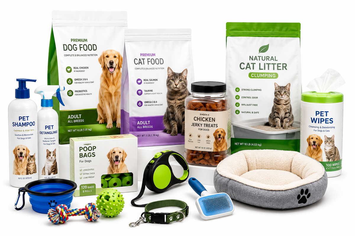 Premium pet products collection featuring dog food, cat food, pet care essentials, toys, treats, grooming supplies and accessories on a white background