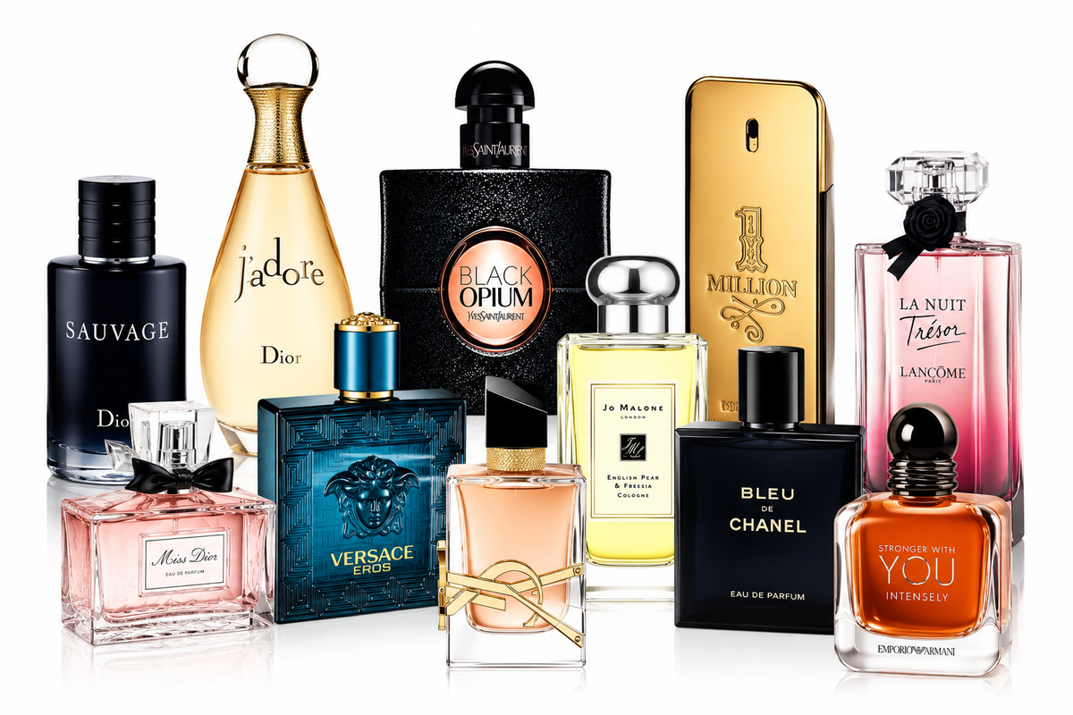 Premium perfumes and fragrances collection displayed on a clean white background featuring luxury perfume bottles