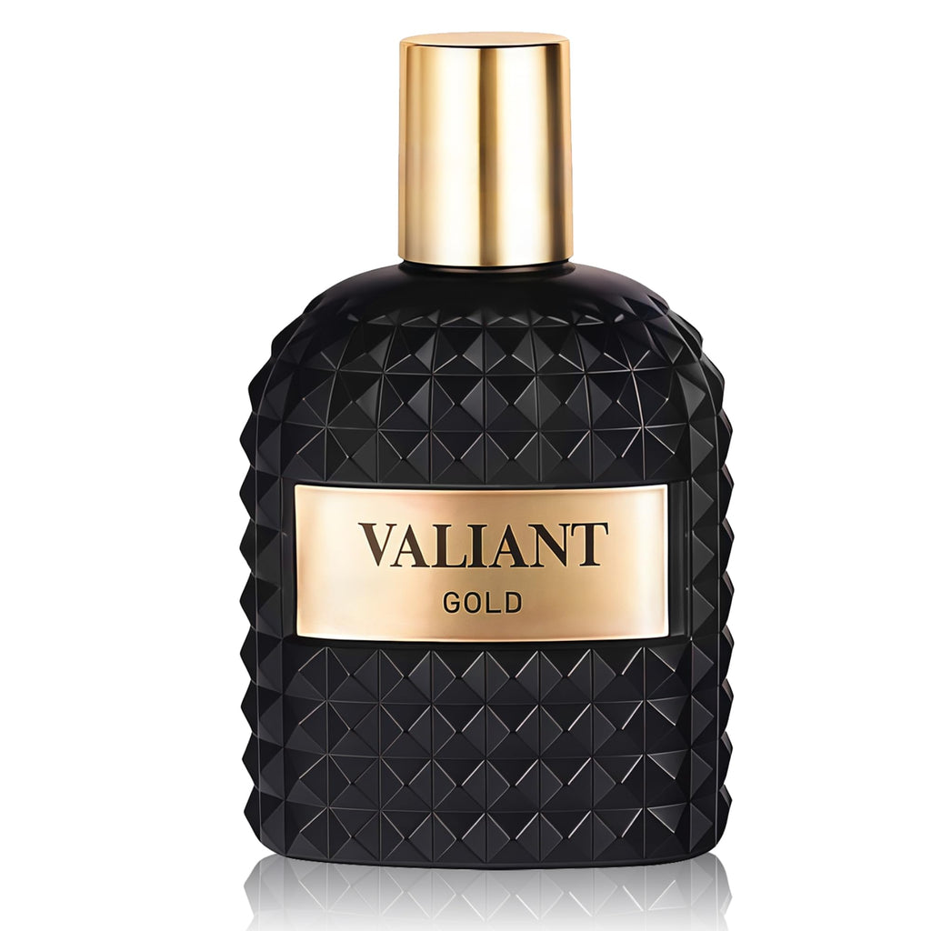 Black perfume bottle with gold cap and label on a white background