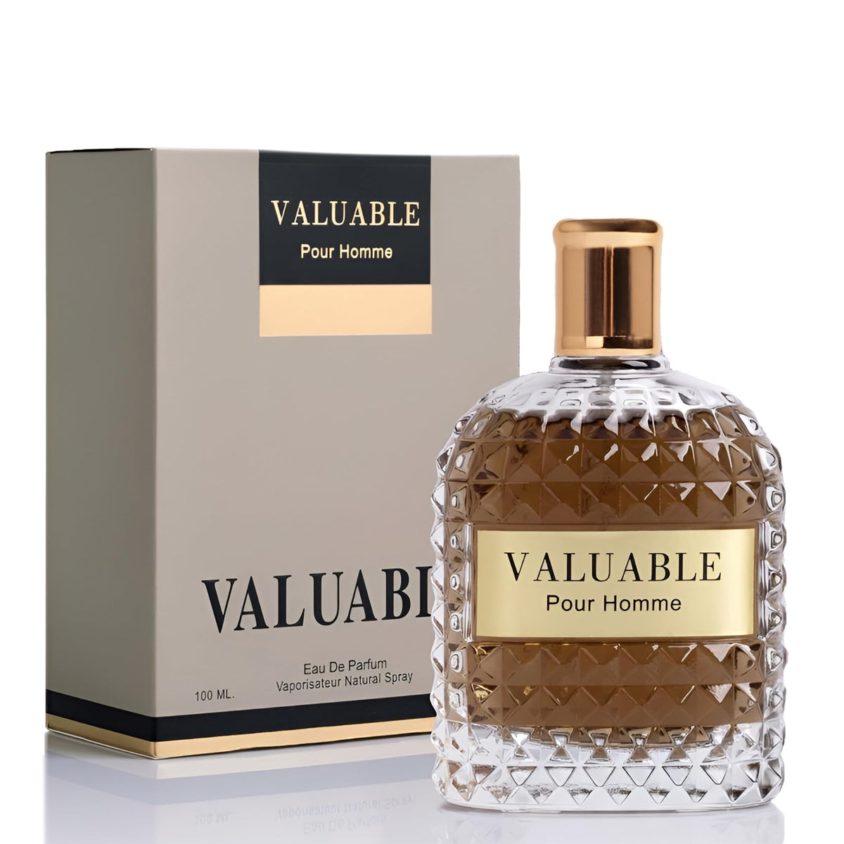 Valuable Pour Homme perfume bottle and packaging on a white background