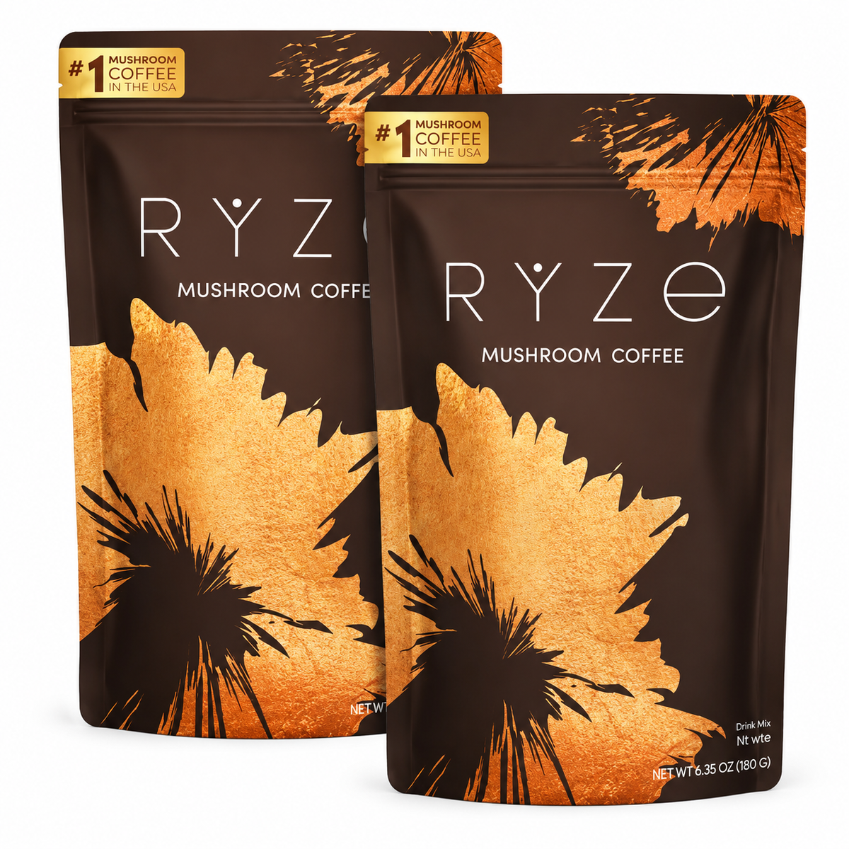 Two stand-up pouches of RYZE Mushroom Coffee overlapping on a plain white background. The pouches are dark brown with a large metallic gold leaf pattern and white branding text.