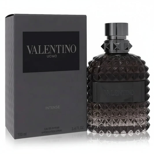 Valentino Uomo Intense perfume bottle and packaging on a white background